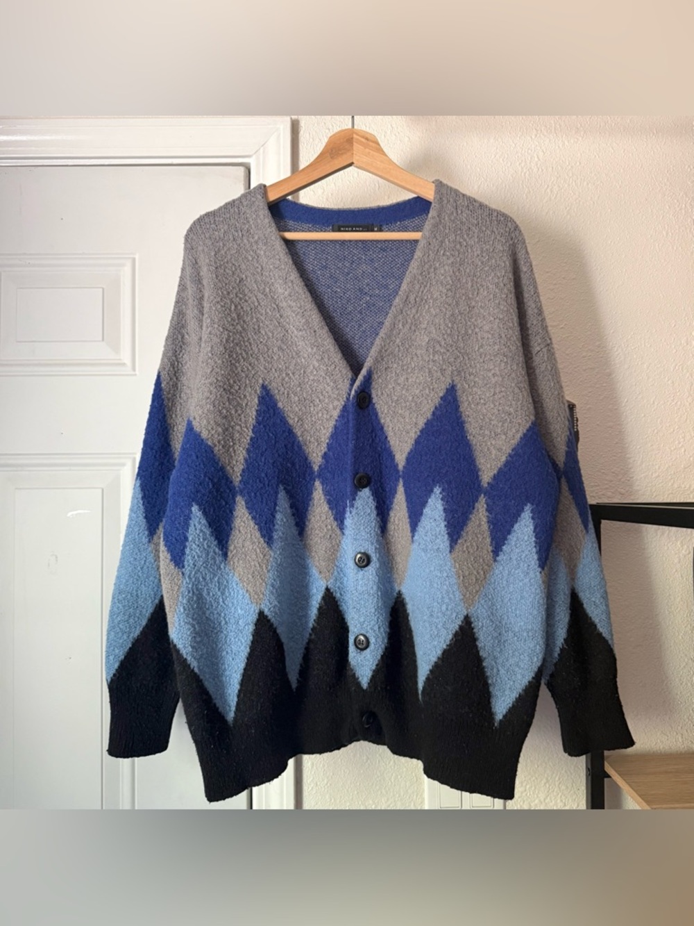 Niko And… blue grey‎ black argyle geo diamond knit long sleeve cardigan sweater